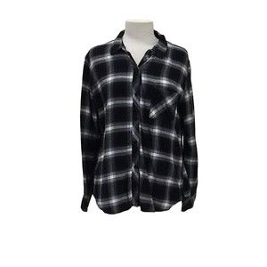 Rails Womens Hunter Top Large Flannel Button Front Black White Long Sleeved